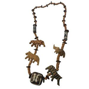 Safari Wooden Animal Beaded Necklace Tribal Accents & Carved Beads Boho Chunky